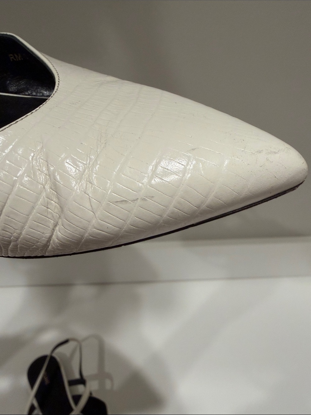 Celine White Pointed-Toe Croc-Embossed Ankle-Strap Flats - Picture 7 of 7